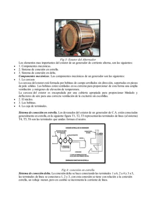Fig 3: Estator del Alternador
Los elementos mas importantes del estator de un generador de corriente alterna, son las siguientes:
 1. Componentes mecánicas.
 2. Sistema de conexión en estrella.
 3. Sistema de conexión en delta.
Componentes mecánicas. Las componentes mecánicas de un generador son las siguientes:
 1. La carcaza
La carcasa delestator está formada por bobinas de campo arrollados sin dirección, soportadas en piezas
de polo sólidas. Las bobinas están ventiladas en su extremo para proporcionar de esta forma una amplia
ventilación y márgenes de elevación de temperatura.
La carcasa del estator es encapsulada por una cubierta apropiada para proporcionar blindado y
deflectores de aire para una correcta ventilación de la excitatriz sin escobillas.
 2. El núcleo.
 3. Las bobinas.
 4. La caja de terminales.
Sistema de conexión en estrella. Los devanados del estator de un generador de C.A. están conectados
generalmente en estrella,en la siguiente figura T1, T2, T3 representanlas terminales de linea (alsistema)
T4, T5, T6 son las terminales que unidas forman el neutro.
Fig 4: conexión en estrella
Sistema de conexión delta. La conexión delta se hace conectando las terminales 1 a 6, 2 a 4 y 3 a 5,
las terminales de linea se conectan a 1, 2 y 3, con esta conexión se tiene con relación a la conexión
estrella, un voltaje menor, pero en cambio se incrementa la corriente de linea.
 