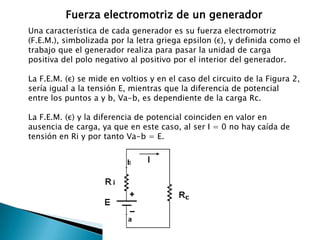 Generador de corriente o intensidad: un generador de corriente ideal mantiene una corriente constante por el circuito externo con independencia de la resistencia de la carga que pueda estar conectada entre ellos.Fuerza electromotriz de un generadorUna característica de cada generador es su fuerza electromotriz (F.E.M.), simbolizada por la letra griega epsilon (ε), y definida como el trabajo que el generador realiza para pasar la unidad de carga positiva del polo negativo al positivo por el interior del generador.La F.E.M. (ε) se mide en voltios y en el caso del circuito de la Figura 2, sería igual a la tensión E, mientras que la diferencia de potencial entre los puntos a y b, Va-b, es dependiente de la carga Rc.La F.E.M. (ε) y la diferencia de potencial coinciden en valor en ausencia de carga, ya que en este caso, al ser I = 0 no hay caída de tensión en Ri y por tanto Va-b = E.