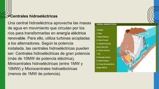 +Centrales hidroeléctricas
Una central hidroeléctrica aprovecha las masas
de agua en movimiento que circulan por los
ríos para transformarlas en energía eléctrica
renovable. Para ello, utiliza turbinas acopladas
a los alternadores. Según la potencia
instalada, las centrales hidroeléctricas pueden
ser: Centrales hidroeléctricas de gran potencia
(más de 10MW de potencia eléctrica),
Minicentrales hidroeléctricas (entre 1MW y
10MW) y Microcentrales hidroeléctricas
(menos de 1MW de potencia).
 