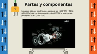 Partes y componentes
Luego de obtener electricidad, gracias a las 1500RPM y 50Hz
(400/230V) por los dos pares de polo -3000RPM (uno par de
polos)para 60Hz (440/110V)
 