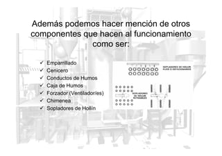 Además podemos hacer mención de otros
componentes que hacen al funcionamiento
como ser:
 Emparrillado
 Cenicero
 Conductos de Humos
 Conductos de Humos
 Caja de Humos
 Forzador (Ventilador/es)
 Chimenea
 Sopladores de Hollín
 