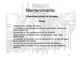 Mantenimiento
COMPROBACIONES EN RÉGIMEN
ANUAL
-Inspeccionar y limpiar los filtros.
-Comprobar si las tuberías presentan corrosiones, picaduras o
-Comprobar si las tuberías presentan corrosiones, picaduras o
daños mecánicos.
-Comprobar si hay condensación en las tuberías.
-Inspeccionar si el aislamiento y la barrera de vapor están
deteriorados.
-Comprobar la suciedad y las incrustaciones en el lado del agua
de los aparatos de presión.
-Control del correcto funcionamiento de los ventiladores
-Inspeccionar el estado de los componentes de la instalación
eléctrica.
 