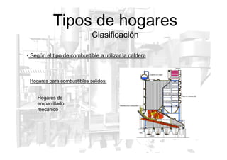 Hogares para combustibles sólidos:
• Según el tipo de combustible a utilizar la caldera
Tipos de hogares
Clasificación
Hogares para combustibles sólidos:
Hogares de
emparrillado
mecánico
 