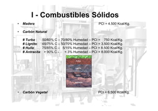 I - Combustibles Sólidos
• Madera PCI = 4.500 Kcal/Kg.
• Carbón Natural
# Turba : 50/60% C – 70/80% Humedad – PCI = 750 Kcal/Kg.
# Lignito: 65/75% C – 50/70% Humedad – PCI = 3.500 Kcal/Kg.
# Hulla: 75/85% C – 5/15% Humedad – PCI = 8.500 Kcal/Kg.
# Antracita:  90% C -  3% Humedad – PCI = 8.000 Kcal/Kg.
• Carbón Vegetal PCI = 6.500 Kcal/Kg.
 