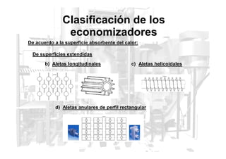 Clasificación de los
economizadores
De superficies extendidas
De acuerdo a la superficie absorbente del calor:
b) Aletas longitudinales c) Aletas helicoidales
d) Aletas anulares de perfil rectangular
 