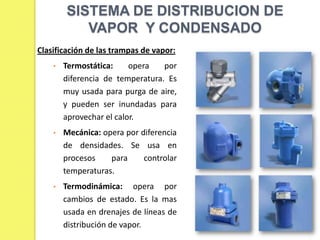 SISTEMA DE DISTRIBUCION DE
VAPOR Y CONDENSADO
Clasificación de las trampas de vapor:
•

Termostática:
opera
por
diferencia de temperatura. Es
muy usada para purga de aire,
y pueden ser inundadas para
aprovechar el calor.

•

Mecánica: opera por diferencia
de densidades. Se usa en
procesos
para
controlar
temperaturas.

•

Termodinámica: opera por
cambios de estado. Es la mas
usada en drenajes de líneas de
distribución de vapor.

 