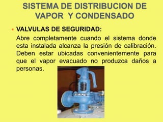 SISTEMA DE DISTRIBUCION DE
VAPOR Y CONDENSADO


VALVULAS DE SEGURIDAD:
Abre completamente cuando el sistema donde
esta instalada alcanza la presión de calibración.
Deben estar ubicadas convenientemente para
que el vapor evacuado no produzca daños a
personas.

 