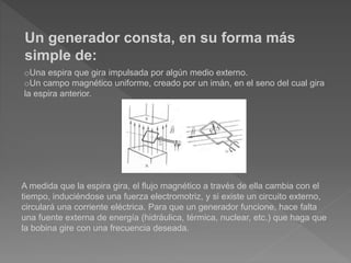 Un generador consta, en su forma más
simple de:
oUna espira que gira impulsada por algún medio externo.
oUn campo magnético uniforme, creado por un imán, en el seno del cual gira
la espira anterior.
A medida que la espira gira, el flujo magnético a través de ella cambia con el
tiempo, induciéndose una fuerza electromotriz, y si existe un circuito externo,
circulará una corriente eléctrica. Para que un generador funcione, hace falta
una fuente externa de energía (hidráulica, térmica, nuclear, etc.) que haga que
la bobina gire con una frecuencia deseada.
 