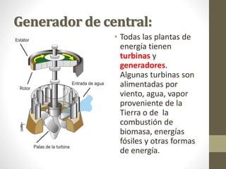 Generador de central:
• Todas las plantas de
energía tienen
turbinas y
generadores.
Algunas turbinas son
alimentadas por
viento, agua, vapor
proveniente de la
Tierra o de la
combustión de
biomasa, energías
fósiles y otras formas
de energía.
 