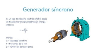 Es un tipo de máquina eléctrica rotativa capaz
de transformar energía mecánica en energía
eléctrica.
n = 60 f
p
Generador síncrono
Donde:
n = velocidad en R.P.M.
f = frecuencia de la red
p = número de pares de polos
 