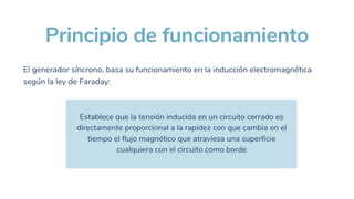 El generador síncrono, basa su funcionamiento en la inducción electromagnética
según la ley de Faraday:
Principio de funcionamiento
Establece que la tensión inducida en un circuito cerrado es
directamente proporcional a la rapidez con que cambia en el
tiempo el flujo magnético que atraviesa una superficie
cualquiera con el circuito como borde
 