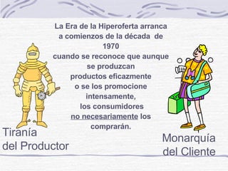Tiranía del Productor ©  Derechos reservados Monarquía del Cliente La Era de la Hiperoferta arranca a comienzos de la década  de 1970 cuando se reconoce que aunque se produzcan productos eficazmente o se los promocione intensamente, los consumidores no necesariamente  los comprarán. 