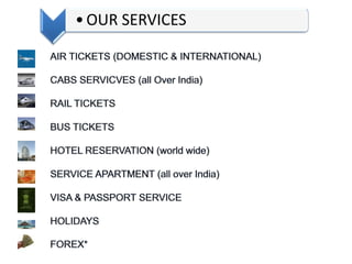 	AIR TICKETS (DOMESTIC & INTERNATIONAL)	CABS SERVICVES (all Over India)	RAIL TICKETS	BUS TICKETS	HOTEL RESERVATION (world wide)	SERVICE APARTMENT (all over India)	VISA & PASSPORT SERVICE	HOLIDAYS	FOREX*