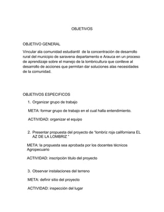 OBJETIVOS



OBJETIVO GENERAL

Vincular ala comunidad estudiantil de la concentración de desarrollo
rural del municipio de saravena departamento e Arauca en un proceso
de aprendizaje sobre el manejo de la lombricultura que conlleve al
desarrollo de acciones que permitan dar soluciones alas necesidades
de la comunidad.




OBJETIVOS ESPECIFICOS

  1. Organizar grupo de trabajo

   META: formar grupo de trabajo en el cual halla entendimiento.

   ACTIVIDAD: organizar el equipo


  2. Presentar propuesta del proyecto de “lombriz roja californiana EL
     AZ DE LA LOMBRIZ ”

  META: la propuesta sea aprobada por los docentes técnicos
  Agropecuario

  ACTIVIDAD: inscripción titulo del proyecto


  3. Observar instalaciones del terreno

  META: definir sitio del proyecto

  ACTIVIDAD: inspección del lugar
 