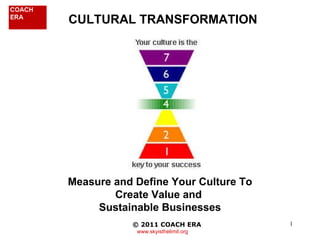   CULTURAL TRANSFORMATION © 2011 COACH ERA   www.skyisthelimit.org Measure and Define Your Culture To Create Value and  Sustainable Businesses 