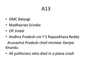 A13
• GMC Balyogi
• Madhavrao Scindia
• OP Jindal
• Andhra Pradesh cm Y S Rajasekhara Reddy
Arunachal Pradesh chief minister Dorjee
Khandu
• All politicians who died in a plane crash
 