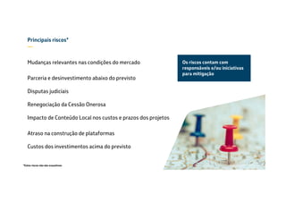 Principais riscos*
—
Mudanças relevantes nas condições do mercado
Parceria e desinvestimento abaixo do previsto
Disputas judiciais
Renegociação da Cessão Onerosa
Impacto de Conteúdo Local nos custos e prazos dos projetos
Atraso na construção de plataformas
Custos dos investimentos acima do previsto
*Estes riscos não são exaustivos
Os riscos contam com
responsáveis e/ou iniciativas
para mitigação
32
 
