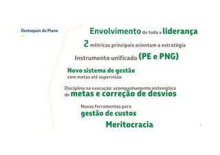 Destaques do Plano
—
2métricas principais orientam a estratégia
Instrumento unificado
Novo sistema de gestão
com metas até supervisão
Disciplina na execução: acompanhamento sistemático
de metas e correção de desvios
Novas ferramentas para
gestão de custos
Meritocracia
(PE e PNG)
7
Envolvimentode toda a liderança
 
