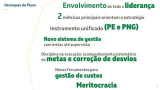 Destaques do Plano
—
2métricas principais orientam a estratégia
Instrumento unificado
Novo sistema de gestão
com metas até supervisão
Disciplina na execução: acompanhamento sistemático
de metas e correção de desvios
Novas ferramentas para
gestão de custos
Meritocracia
(PE e PNG)
7
Envolvimentode toda a liderança
 