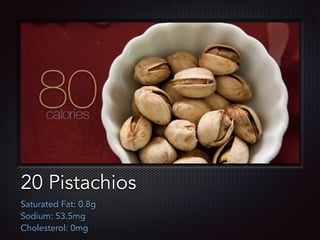 Text
20 Pistachios
Saturated Fat: 0.8g
Sodium: 53.5mg
Cholesterol: 0mg
 