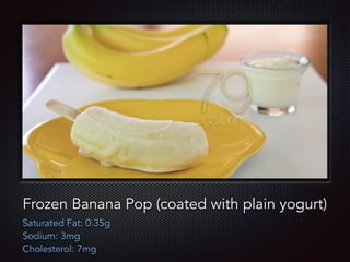 Text
Frozen Banana Pop (coated with plain yogurt)
Saturated Fat: 0.35g
Sodium: 3mg
Cholesterol: 7mg
 