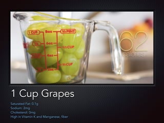 Text
1 Cup Grapes
Saturated Fat: 0.1g
Sodium: 2mg
Cholesterol: 0mg
High in Vitamin K and Manganese, fiber
 