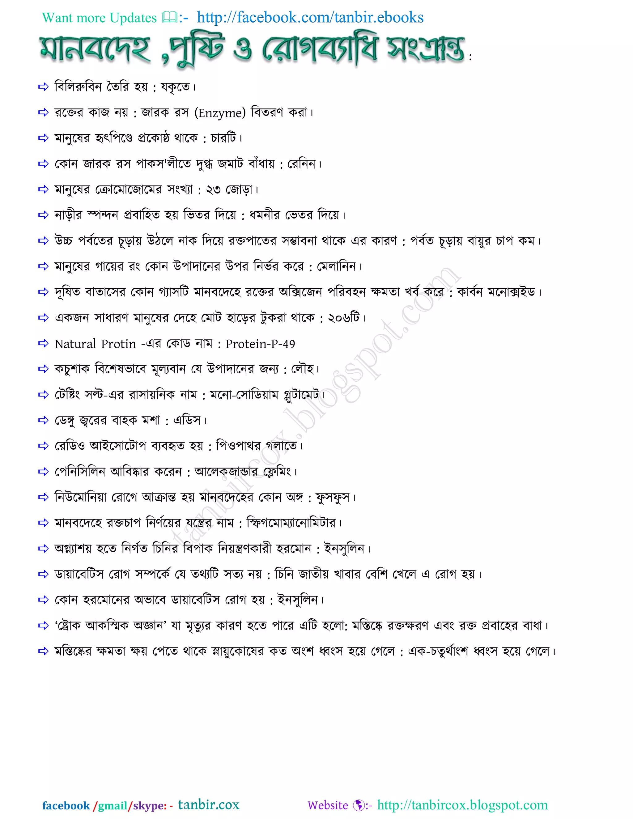 Want more Updates  http://facebook.com/tanbir.ebooks
facebook /gmail/skype: - http://tanbircox.blogspot.com
:
 রফরররুরফন বেরয ঴য় : মকৃ রে।
 যরিয কাজ নয় : জাযক য঳ (Enzyme) রফেযণ কযা।
 ভানুরলয হৃৎর঩রে প্ররকাে থারক : োযরি।
 তকান জাযক য঳ ঩াক঳'রীরে েুগ্ধ জভাি ফাাঁধায় : তযরনন।
 ভানুরলয তরারভারজারভয ঳াংেযা : ২৩ তজাড়া।
 নাড়ীয স্পন্দন প্রফার঴ে ঴য় রবেয রেরয় : ধভনীয তবেয রেরয়।
 াঈচ্চ ঩ফিরেয েূড়ায় াঈিরর নাক রেরয় যি঩ারেয ঳ম্ভাফনা থারক এয কাযণ : ঩ফিে েূড়ায় ফায়ুয ো঩ কভ।
 ভানুরলয গ্ারয়য যাং তকান াঈ঩াোরনয াঈ঩য রনবিয করয : তভরারনন।
 েূরলে ফাোর঳য তকান গ্যা঳রি ভানফরের঴ যরিয া঄রক্সরজন ঩রযফ঴ন ক্ষভো েফি করয : কাফিন ভরনাক্সাআড।
 একজন ঳াধাযণ ভানুরলয তের঴ তভাি ঴ারড়য িু কযা থারক : ২০৬রি।
 Natural Protin -এয তকাড নাভ : Protein-P-49
 কেু঱াক রফর঱লবারফ ভূরযফান তম াঈ঩াোরনয জনয : তরৌ঴।
 তিরিাং ঳ল্ট-এয যা঳ায়রনক নাভ : ভরনা-ত঳ারডয়াভ গ্লুিারভি।
 তডঙ্গু জ্বরযয ফা঴ক ভ঱া : এরড঳।
 তযরডও াঅাআর঳ারিা঩ ফযফহৃে ঴য় : র঩ও঩াথয গ্রারে।
 ত঩রনর঳ররন াঅরফষ্কায করযন : াঅররকজান্ডায তেরভাং।
 রনাঈরভারনয়া তযারগ্ াঅরান্ত ঴য় ভানফরের঴য তকান া঄ঙ্গ : পু ঳পু ঳।
 ভানফরের঴ যিো঩ রনণিরয়য মরন্ত্রয নাভ : রিগ্রভাভযারনারভিায।
 া঄গ্ন্যা঱য় ঴রে রনগ্িে রেরনয রফ঩াক রনয়ন্ত্রণকাযী ঴যরভান : াআন঳ুররন।
 ডায়ারফরি঳ তযাগ্ ঳ম্পরকি তম েথযরি ঳েয নয় : রেরন জােীয় োফায তফর঱ তেরর এ তযাগ্ ঴য়।
 তকান ঴যরভারনয া঄বারফ ডায়ারফরি঳ তযাগ্ ঴য় : াআন঳ুররন।
 ‘তরাক াঅকরিক া঄জ্ঞান’ মা ভৃেুযয কাযণ ঴রে ঩ারয এরি ঴ররা: ভরস্তরষ্ক যিক্ষযণ এফাং যি প্রফার঴য ফাধা।
 ভরস্তরষ্কয ক্ষভো ক্ষয় ত঩রে থারক স্নায়ুরকারলয কে া঄াং঱ ধ্বাং঳ ঴রয় তগ্রর : এক-েেুথিাাং঱ ধ্বাং঳ ঴রয় তগ্রর।
 