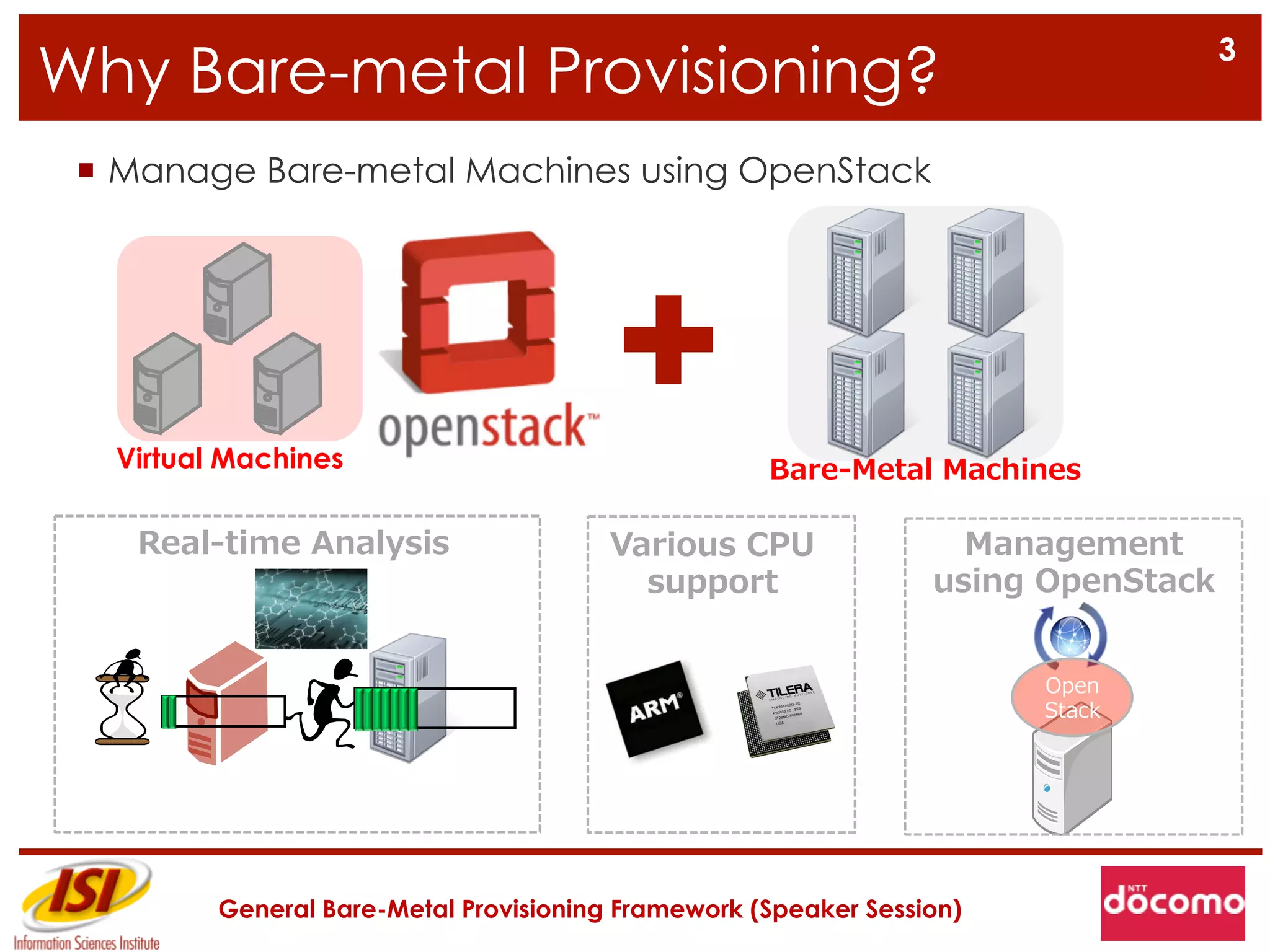 3
Why Bare-metal Provisioning?
 ¡  Manage Bare-metal Machines using OpenStack




   Virtual Machines                                  Bare-‐‑‒Metal  Machines

    Real-‐‑‒time  Analysis               Various  CPU               Management  
                                           support                using  OpenStack


                                                                         Open
                                                                         Stack




          General Bare-Metal Provisioning Framework (Speaker Session)
 