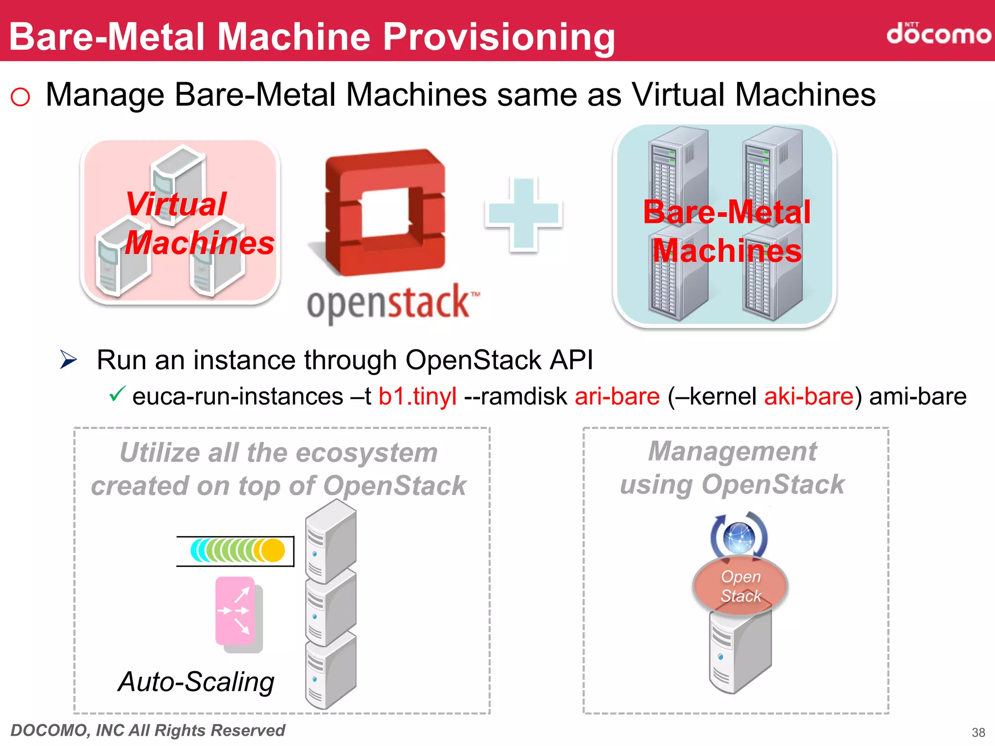 Bare-Metal Machine Provisioning	
o  Manage Bare-Metal Machines same as Virtual Machines

            Virtual                                        Bare-Metal
            Machines	
                                     Machines


     Ø  Run an instance through OpenStack API
          ü euca-run-instances –t b1.tinyl --ramdisk ari-bare (–kernel aki-bare) ami-bare

           Utilize all the ecosystem                       Management
         created on top of OpenStack                     using OpenStack


                                                                  Open
                                                                  Stack	




            Auto-Scaling	
DOCOMO, INC All Rights Reserved                                                              38
 