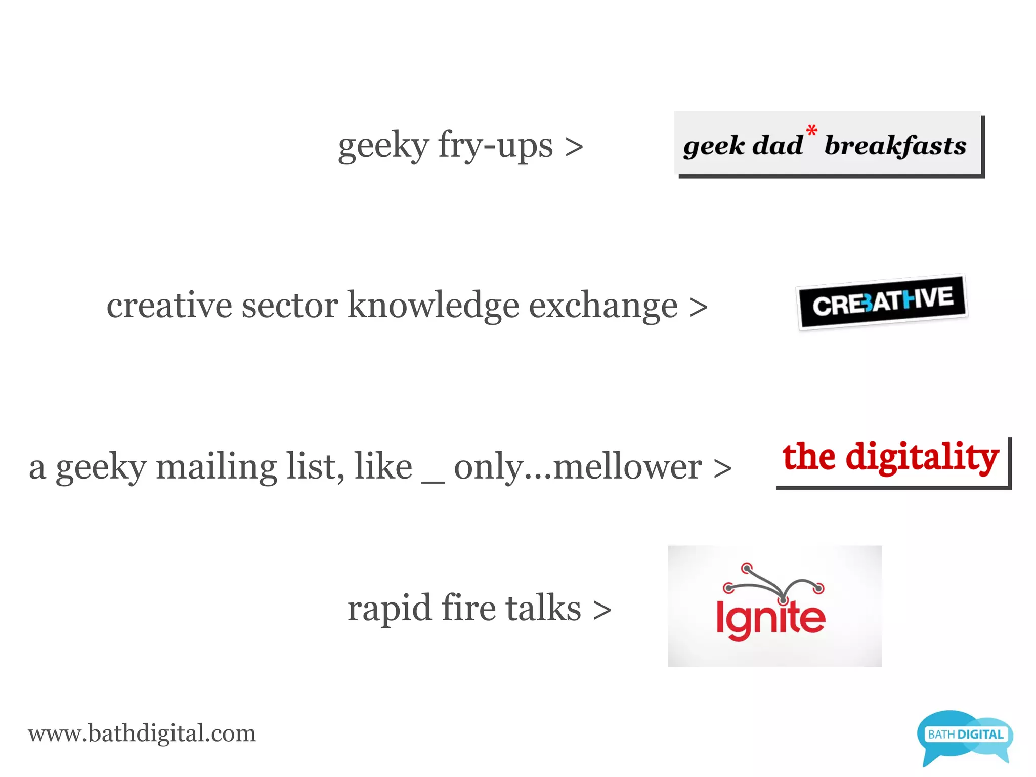 geeky fry-ups >



      creative sector knowledge exchange >



a geeky mailing list, like _ only...mellower >


                      rapid fire talks >


www.bathdigital.com
 