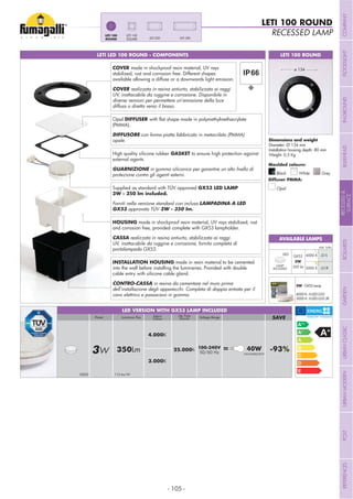 - 105 -
LETI LED 100 ROUND - COMPONENTS LETI 100 ROUND
Opal DIFFUSER
(PMMA).
DIFFUSORE con forma piatta fabbricato in metacrilato (PMMA)
opale.
Supplied as standard with TÜV approved GX53 LED LAMP
Forniti nella versione standard con inclusa LAMPADINA A LED
GX53 approvata TÜV
HOUSING made in shockproof resin material, UV rays stabilized, rust
and corrosion free, provided complete with GX53 lampholder.
CASSA realizzata in resina antiurto, stabilizzata ai raggi
UV, inattacabile da ruggine e corrosione, fornita completa di
portalampada GX53.
INSTALLATION HOUSING made in resin material to be cemented
into the wall before installing the luminaries. Provided with double
cable entry with silicone cable gland.
CONTRO-CASSA in resina da cementare nel muro prima
dell’installazione degli apparecchi. Completa di doppia entrata per il
cavo elettrico e passacavo in gomma.
COVER made in shockproof resin material, UV rays
stabilized, rust and corrosion free. Different shapes
available allowing a diffuse or a downwards light emission.
COVER realizzata in resina antiurto, stabilizzata ai raggi
UV, inattacabile da ruggine e corrosione. Disponibile in
diverse versioni per permettere un’emissione della luce
diffusa o diretta verso il basso.
Diameter: Ø 134 mm
Installation housing depth: 80 mm
Weight: 0,5 Kg
RECESSED LAMP
LETI 100 ROUND
Grey
Moulded colours:
Diffuser PMMA:
Black White
Opal
ø 134
LETI 300LETI 200
LETI 100LETI 100
ROUND
High quality silicone rubber GASKET to ensure high protection against
external agents.
GUARNIZIONE in gomma siliconica per garantire un alto livello di
protezione contro gli agenti esterni.
AVAILABLE LAMPS
3W - GX53 Lamp
4000 K: H.LED.G53
3000 K: H.LED.G53.3K
100-240V
50/60 Hz3W 350Lm 25.000h = 40W -93%INCANDESCENT
4.000K
3.000K
Voltage RangeLuminous FluxPower SAVELife Time
(hours)
Kelvin
Colour
GX53 115 lm/W
LED VERSION WITH GX53 LAMP INCLUDED
LED
GX53
3W
350 lm
4000 K .G1L
3000 K .G1R
Add. Suffix
LAMP
INCLUDED
COMPANYFLOODLIGHTGARDENURBANCLASSICIN-GROUNDURBANMODERNREFERENCESBULKHEADPOSTBOLLARDSRECESSED&
SURFACE
 