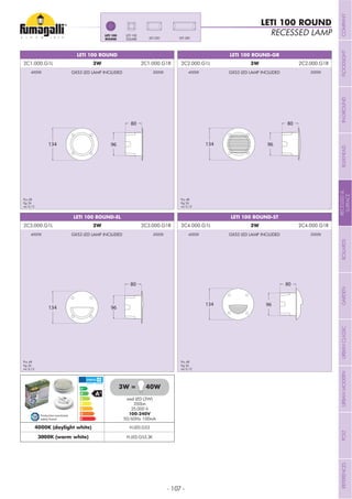 - 107 -
LETI 100 ROUND-GR
LETI 100 ROUND-ST
LETI 100 ROUND
LETI 100 ROUND-EL
80
96134
80
96134
80
96134
80
96134
RECESSED LAMP
LETI 100 ROUND
LETI 300LETI 200
LETI 100LETI 100
ROUND
Pcs 48
Kg 24
mc 0,12
Pcs 48
Kg 24
mc 0,12
Pcs 48
Kg 24
mc 0,12
Pcs 48
Kg 24
mc 0,12
smd LED (3W)
350Lm
25.000 h
100-240V
50/60Hz 100mA
4000K (daylight white) H.LED.G53
3000K (warm white) H.LED.G53.3K
3W = 40W
Production monitored
Safety Tested
2C1.000.G1L 3W 2C1.000.G1R
2C3.000.G1L 3W 2C3.000.G1R
2C2.000.G1L 3W 2C2.000.G1R
2C4.000.G1L 3W 2C4.000.G1R
GX53 LED LAMP INCLUDED
GX53 LED LAMP INCLUDED
GX53 LED LAMP INCLUDED
GX53 LED LAMP INCLUDED
4000K
4000K
4000K
4000K
3000K
3000K
3000K
3000K
COMPANYFLOODLIGHTGARDENURBANCLASSICIN-GROUNDURBANMODERNREFERENCESBULKHEADPOSTBOLLARDSRECESSED&
SURFACE
 