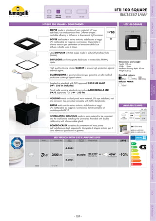 - 109 -
LETI LED 100 SQUARE - COMPONENTS LETI 100 SQUARE
RECESSED LAMP
LETI 100 SQUARE
Height: 115 mm
Width: 115 mm
Installation housing depth: 80 mm
Weight: 0,5 Kg
Grey
Moulded colours:
Diffuser PMMA:
Black White
Opal
115
115
LETI 300LETI 200
LETI 100
SQUARE
LETI 100
ROUND
Opal DIFFUSER
(PMMA).
DIFFUSORE con forma piatta fabbricato in metacrilato (PMMA)
opale.
HOUSING made in shockproof resin material, UV rays stabilized, rust
and corrosion free, provided complete with GX53 lampholder.
CASSA realizzata in resina antiurto, stabilizzata ai raggi
UV, inattacabile da ruggine e corrosione, fornita completa di
portalampada GX53.
INSTALLATION HOUSING made in resin material to be cemented
into the wall before installing the luminaries. Provided with double
cable entry with silicone cable gland.
CONTRO-CASSA in resina da cementare nel muro prima
dell’installazione degli apparecchi. Completa di doppia entrata per il
cavo elettrico e passacavo in gomma.
COVER made in shockproof resin material, UV rays
stabilized, rust and corrosion free. Different shapes
available allowing a diffuse or a downwards light emission.
COVER realizzata in resina antiurto, stabilizzata ai raggi
UV, inattacabile da ruggine e corrosione. Disponibile in
diverse versioni per permettere un’emissione della luce
diffusa o diretta verso il basso.
High quality silicone rubber GASKET to ensure high protection against
external agents.
GUARNIZIONE in gomma siliconica per garantire un alto livello di
protezione contro gli agenti esterni.
AVAILABLE LAMPS
3W - GX53 Lamp
4000 K: H.LED.G53
3000 K: H.LED.G53.3K
100-240V
50/60 Hz3W 350Lm 25.000h = 40W -93%INCANDESCENT
4.000K
3.000K
Voltage RangeLuminous FluxPower SAVELife Time
(hours)
Kelvin
Colour
GX53 115 lm/W
LED VERSION WITH GX53 LAMP INCLUDED
LED
GX53
3W
350 lm
4000 K .G1L
3000 K .G1R
Add. Suffix
LAMP
INCLUDED
Supplied as standard with TÜV approved GX53 LED LAMP
Forniti nella versione standard con inclusa LAMPADINA A LED
GX53 approvata TÜV
COMPANYFLOODLIGHTGARDENURBANCLASSICIN-GROUNDURBANMODERNREFERENCESBULKHEADPOSTBOLLARDSRECESSED&
SURFACE
 