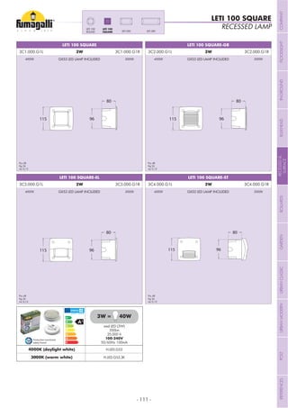 - 111 -
RECESSED LAMP
LETI 100 SQUARE
LETI 100 SQUARE-GR
LETI 100 SQUARE-ST
LETI 100 SQUARE
LETI 100 SQUARE-EL
80
96115
80
96115
80
96115
80
96115
LETI 300LETI 200
LETI 100
SQUARE
LETI 100
ROUND
Pcs 48
Kg 24
mc 0,12
Pcs 48
Kg 24
mc 0,12
Pcs 48
Kg 24
mc 0,12
Pcs 48
Kg 24
mc 0,12
3C1.000.G1L 3W 3C1.000.G1R
3C3.000.G1L 3W 3C3.000.G1R
3C2.000.G1L 3W 3C2.000.G1R
3C4.000.G1L 3W 3C4.000.G1R
smd LED (3W)
350Lm
25.000 h
100-240V
50/60Hz 100mA
4000K (daylight white) H.LED.G53
3000K (warm white) H.LED.G53.3K
3W = 40W
Production monitored
Safety Tested
GX53 LED LAMP INCLUDED
GX53 LED LAMP INCLUDED
GX53 LED LAMP INCLUDED
GX53 LED LAMP INCLUDED
4000K
4000K
4000K
4000K
3000K
3000K
3000K
3000K
COMPANYFLOODLIGHTGARDENURBANCLASSICIN-GROUNDURBANMODERNREFERENCESBULKHEADPOSTBOLLARDSRECESSED&
SURFACE
 