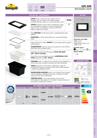 - 113 -
LETI LED 200 - COMPONENTS LETI 200
Opal DIFFUSER
(PMMA).
DIFFUSORE con forma piatta fabbricato in metacrilato (PMMA)
opale.
HOUSING made in shockproof resin material, UV rays stabilized, rust
and corrosion free, provided as standard with GX53 lampholder.
CASSA realizzata in resina antiurto, stabilizzata ai raggi UV,
inattacabile da ruggine e corrosione fornita nella versione standard
completa di portalampada GX53.
INSTALLATION HOUSING made in resin material to be cemented
into the wall before installing the luminaries. Provided with double
cable entry with silicone cable gland.
CONTRO-CASSA in resina da cementare nel muro prima
dell’installazione degli apparecchi. Completa di doppia entrata per il
cavo elettrico e passacavo in gomma.
Height: 113 mm
Width: 188 mm
Installation housing depth: 98 mm
Weight: 0,7 Kg
RECESSED LAMP
LETI 200
Grey
Moulded colours:
Diffuser PMMA:
Black White
Opal
113
188
LETI 300LETI 200
LETI 100LETI 100
ROUND
COVER made in shockproof resin material, UV rays
stabilized, rust and corrosion free. Different shapes
available allowing a diffuse or a downwards light emission.
COVER realizzata in resina antiurto, stabilizzata ai raggi
UV, inattacabile da ruggine e corrosione. Disponibile in
diverse versioni per permettere un’emissione della luce
diffusa o diretta verso il basso.
High quality silicone rubber GASKET to ensure high protection against
external agents.
GUARNIZIONE in gomma siliconica per garantire un alto livello di
protezione contro gli agenti esterni.
AVAILABLE LAMPS
3W - GX53 Lamp
4000 K: H.LED.G53
3000 K: H.LED.G53.3K
100-240V
50/60 Hz3W 350Lm 25.000h = 40W -93%INCANDESCENT
4.000K
3.000K
Voltage RangeLuminous FluxPower SAVELife Time
(hours)
Kelvin
Colour
GX53 115 lm/W
LED VERSION WITH GX53 LAMP INCLUDED
LED
GX53
3W
350 lm
4000 K .G1L
3000 K .G1R
Ref. Code
LAMP
INCLUDED
.E14
CFL
LED
E14
Supplied as standard with TÜV approved GX53 LED LAMP
Forniti nella versione standard con inclusa LAMPADINA A LED
GX53 approvata TÜV
MAX 100 mm
COMPANYFLOODLIGHTGARDENURBANCLASSICIN-GROUNDURBANMODERNREFERENCESBULKHEADPOSTBOLLARDSRECESSED&
SURFACE
 