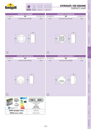 - 123 -
EXTRALETI 100 ROUND
EXTRALETI 100 ROUND-GR
EXTRALETI 100 ROUND-ST
EXTRALETI 100 ROUND
EXTRALETI 100 ROUND-EL
64
140 140
67
140 140
67
140 140
85
140 140
EXTRALETI 300EXTRALETI 200
EXTRALETIEXTRALETI
100 ROUND
Pcs 48
Kg 24
mc 0,12
Pcs 48
Kg 24
mc 0,12
Pcs 48
Kg 24
mc 0,12
Pcs 48
Kg 24
mc 0,12
2S1.000.G1L 3W 2S1.000.G1R
2S3.000.G1L 3W 2S3.000.G1R
2S2.000.G1L 3W 2S2.000.G1R
2S4.000.G1L 3W 2S4.000.G1R
smd LED (3W)
350Lm
25.000 h
100-240V
50/60Hz 100mA
4000K (daylight white) H.LED.G53
3000K (warm white) H.LED.G53.3K
3W = 40W
Production monitored
Safety Tested
GX53 LED LAMP INCLUDED
GX53 LED LAMP INCLUDED
GX53 LED LAMP INCLUDED
GX53 LED LAMP INCLUDED
4000K
4000K
4000K
4000K
3000K
3000K
3000K
3000K
SURFACE LAMP
COMPANYFLOODLIGHTGARDENURBANCLASSICIN-GROUNDURBANMODERNREFERENCESBULKHEADPOSTBOLLARDSRECESSED&
SURFACE
 