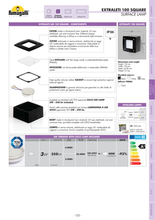 - 125 -
EXTRALETI 100 SQUARE
EXTRALETI 100 SQUARE
Height: 120 mm
Width: 120 mm
Depth: 64/85 mm
Weight: 0,5 Kg
Grey
Moulded colours:
Diffuser PMMA:
Black White
Opal
EXTRALETI 300EXTRALETI 200
EXTRALETI
100 SQUARE
EXTRALETI
100 ROUND
120
120
EXTRALETI LED 100 SQUARE - COMPONENTS
Opal DIFFUSER
(PMMA).
DIFFUSORE con forma piatta fabbricato in metacrilato (PMMA)
opale.
BODY made in shockproof resin material, UV rays stabilized, rust and
corrosion free, provided complete with GX53 lampholder.
CORPO in resina antiurto, stabilizzato ai raggi UV, inattacabile da
ruggine e corrosione, fornito completo di portalampada GX53.
COVER made in shockproof resin material, UV rays
stabilized, rust and corrosion free. Different shapes
available allowing a diffuse or a downwards light emission.
COVER realizzata in resina antiurto, stabilizzata ai raggi
UV, inattacabile da ruggine e corrosione. Disponibile in
diverse versioni per permettere un’emissione della luce
diffusa o diretta verso il basso.
High quality silicone rubber GASKET to ensure high protection against
external agents.
GUARNIZIONE in gomma siliconica per garantire un alto livello di
protezione contro gli agenti esterni.
AVAILABLE LAMPS
LED VERSION WITH GX53 LAMP INCLUDED
3W - GX53 Lamp
4000 K: H.LED.G53
3000 K: H.LED.G53.3K
100-240V
50/60 Hz3W 350Lm 25.000h = 40W -93%INCANDESCENT
4.000K
3.000K
Voltage RangeLuminous FluxPower SAVELife Time
(hours)
Kelvin
Colour
GX53 115 lm/W
Supplied as standard with TÜV approved GX53 LED LAMP
Forniti nella versione standard con inclusa LAMPADINA A LED
GX53 approvata TÜV
SURFACE LAMP
LED
GX53
3W
350 lm
4000 K .G1L
3000 K .G1R
Add. Suffix
LAMP
INCLUDED
COMPANYFLOODLIGHTGARDENURBANCLASSICIN-GROUNDURBANMODERNREFERENCESBULKHEADPOSTBOLLARDSRECESSED&
SURFACE
 