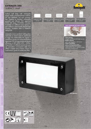 - 128 -
SURFACE LAMP
EXTRALETI 200
- 128 -
UV-TREATED
ANTI-SHOCK TEMPERATURE
PUBLIC RESIDENTIAL
RECYCLABLE
DOUBLE
INSULATION
WALL
Surface wall lamp with rectangular
shape, made in shockproof resin material,
UV rays stabilized, rust and corrosion-
free. Supplied as standard withlong-life
GX53 LED lamp 3W-350lm included.
Available in 5 different cover options to
get a diffuse or downwards directed light
emission. Insulation class II, Protection
rating IP66.
Lampada a muro con forma rettangolare,
realizzata in resina antiurto stabilizzata
ai raggi UV inattaccabile da ruggine e
corrosione. Fornita con inclusa lampadina
approvata TÜV di lunga durata ed elevata
Disponibile in 5 differenti versioni di cover
per permettere un’emissione della luce
diffusa o diretta verso il basso. Classe di
isolamento II, grado di protezione IP66.
GX53 MODULAR LED LIGHT SYSTEM
Cost saving:
Built-in driver:
quick and easy lamp replacement
GX53 standard lamp holder
performances easy to upgrade to latest
technology developments
EXTRALETI 200
4S1.000
EXTRALETI 200-GL
4S2.000
EXTRALETI 200-RS
4S3.000
EXTRALETI 200-HS
4S4.000
EXTRALETI 200-VP
4S5.000
COMPANYGARDENFLOODLIGHTURBANCLASSICIN-GROUNDURBANMODERNREFERENCESBULKHEADPOSTBOLLARDS
RECESSED&
SURFACE
 
