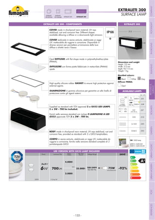 - 133 -
EXTRALETI LED 300 - COMPONENTS EXTRALETI 300
Height: 132 mm
Width: 313 mm
Depth: 93/113 mm
Weight: 1 Kg
EXTRALETI 300
Grey
Moulded colours:
Diffuser PMMA:
Black White
Opal
EXTRALETI 300EXTRALETI 200
EXTRALETIEXTRALETI
100 ROUND
132
313
Add. Suffix
.E27E27
.G2L
.G2R
CFL
LED
G23 .01G
.02G2x G23
.03GG24d-3
LED 2x
GX53
6W
700 lm
4000 K
3000 K2 LAMPS
INCLUDED
AVAILABLE LAMPS
Opal DIFFUSER
(PMMA).
DIFFUSORE con forma piatta fabbricato in metacrilato (PMMA)
opale.
BODY made in shockproof resin material, UV rays stabilized, rust and
corrosion free, provided as standard with 2 x GX53 lampholders.
CORPO in resina antiurto, stabilizzato ai raggi UV, inattacabile da
ruggine e corrosione, fornito nella versione standard completo di 2
portalampada GX53.
COVER made in shockproof resin material, UV rays
stabilized, rust and corrosion free. Different shapes
available allowing a diffuse or a downwards light emission.
COVER realizzata in resina antiurto, stabilizzata ai raggi
UV, inattacabile da ruggine e corrosione. Disponibile in
diverse versioni per permettere un’emissione della luce
diffusa o diretta verso il basso.
High quality silicone rubber GASKET to ensure high protection against
external agents.
GUARNIZIONE in gomma siliconica per garantire un alto livello di
protezione contro gli agenti esterni.
3W - GX53 Lamp
4000 K: H.LED.G53
3000 K: H.LED.G53.3K
GX53 115 lm/W
100-240V
50/60 Hz700Lm 25.000h = 75W -92%INCANDESCENT
4.000K
3.000K
Kelvin
Voltage RangeLuminous FluxPower SAVE
6W
2x3W
Life Time
(hours)
Kelvin
Colour
LED VERSION WITH GX53 LAMP INCLUDED
MAX 180 mm
Supplied as standard with TÜV approved
Forniti nella versione standard con incluse 2 LAMPADINE A LED
GX53 approvate TÜV
SURFACE LAMP
COMPANYFLOODLIGHTGARDENURBANCLASSICIN-GROUNDURBANMODERNREFERENCESBULKHEADPOSTBOLLARDSRECESSED&
SURFACE
 