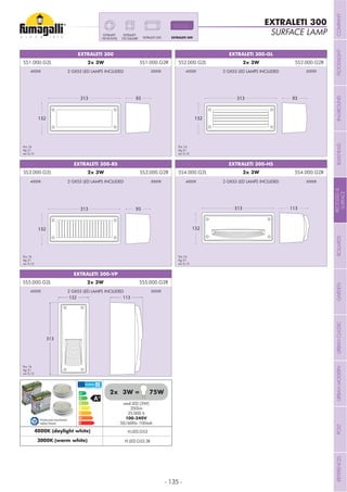 - 135 -
EXTRALETI 300-GLEXTRALETI 300
EXTRALETI 300-HSEXTRALETI 300-RS
EXTRALETI 300-VP
113132
313
SURFACE LAMP
EXTRALETI 300
EXTRALETI 300EXTRALETI 200
EXTRALETIEXTRALETI
100 ROUND
Pcs 16
Kg 21
mc 0,12
Pcs 16
Kg 21
mc 0,12
Pcs 16
Kg 21
mc 0,12
Pcs 16
Kg 21
mc 0,12
Pcs 16
Kg 21
mc 0,12
5S1.000.G2L 5S1.000.G2R 5S2.000.G2L 5S2.000.G2R
5S3.000.G2L 5S3.000.G2R 5S4.000.G2L 5S4.000.G2R
5S5.000.G2L 5S5.000.G2R
smd LED (3W)
350Lm
25.000 h
100-240V
50/60Hz 100mA
3W = 75W2x
Production monitored
Safety Tested
4000K (daylight white)
3000K (warm white)
H.LED.G53
H.LED.G53.3K
2 GX53 LED LAMPS INCLUDED
2 GX53 LED LAMPS INCLUDED
2 GX53 LED LAMPS INCLUDED
2 GX53 LED LAMPS INCLUDED
2 GX53 LED LAMPS INCLUDED
4000K
4000K
4000K
4000K
4000K
3000K
3000K
3000K
3000K
3000K
COMPANYFLOODLIGHTGARDENURBANCLASSICIN-GROUNDURBANMODERNREFERENCESBULKHEADPOSTBOLLARDSRECESSED&
SURFACE
 