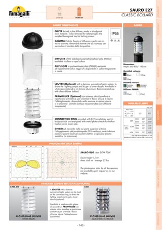 - 143 -
SAURO COMPONENTS SAURO
CLASSIC BOLLARD
SAURO E27
Dimensions
Height: 500/800/1100 mm
Moulded colours:
Painted colours:
Diffuser PMMA:
Black White
Antique
green
Antique
bronze
Opal
Grey
150
COVER locked to the diffuser, made in shockproof
resin material. To be removed for relamping by the
supplied hexagonal key for locking screws.
CALOTTA
resina antiurto. Removibile tramite vite di sicurezza per
permettere il cambio della lampadina.
DIFFUSER of UV stabilized polymethylmethacrylate (PMMA)
available in clear or opal colour.
DIFFUSORE in polimetilmetacrilato (PMMA) resistente
all’ingiallimento ed ai raggi UV, disponibile in colore trasparente
o opale.
with a laminar symmetrical optic system, to
direct the lighting output and to get a lower dazzle. Available in
white resin material or in chrome aluminium. Recommended use
with clear diffuser bollard.
con sistema ottico lamellare a
ripartizione simmetrica, per orientare il fascio di luce e ridurre
l’abbagliamento, disponibile nella versione in resina bianca
o in alluminio cromato (utilizzo raccomandato con diffusore
trasparente).
CONNECTION RING provided with E27 lampholder seat in
its upper side and equipped with metal plate suitable for ballast
GHIERA di raccordo nella cui parte superiore si trova
l’alloggiamento del portalampada E27e nella cui parte inferiore
metallica (in dotazione).
MBF
WITH
BALLAST
SON
HQI
50W
80W
E27
E27
.M50
.M80
50W
70W
E27
E27
.S50
.S70
70W E27 .H70
Add. Suffix
GLS
CFL
LED
.E27E27
ADD THE ABOVE SUFFIXES TO THE
REFERENCES MENTIONED IN THE CATALOGUE
MAX 100W
AVAILABLE LAMPS
PHOTOMETRIC DATA SAMPLE
A LOUVRE with a laminar
on the connection ring, to direct the
lighting output and to get a lower
dazzle (optional).
Possibilità di applicare alla ghiera
di raccordo un FRANGILUCE con
sistema ottico lamellare a ripartizione
simmetrica per orientare il fascio
di luce e ridurre l’abbagliamento
(opzionale).CLOSED RING LOUVRE
WHITE RESIN
CLOSED RING LOUVRE
ALUMINIUM CHROME
AVAILABLE LOUVRE REFLECTOR (OPTIONAL)
SAURO LED SAURO E27
Clear
10
10
10
10
15
15
15
15
15
15
15
15
1515
15
20
20
20
20
20
20
20
20
20
20
25
25
25
25
25
25
25
25
25
30
30
30
30
30
30
30
30
30
35
35
35
35
35
3535
35
40
40
40 40
40
40
40
40
40
50
50
50
50
50
50
60
SAURO1100 clear SON 70W.
Sauro height 1,1mt
Area: 6x6 mt - average 23 lux
The photometric data for all the versions
are available upon request or on our
website.
COMPANYFLOODLIGHTGARDENURBANCLASSICIN-GROUNDURBANMODERNREFERENCESBULKHEADPOSTBOLLARDSRECESSED&
SURFACE
 