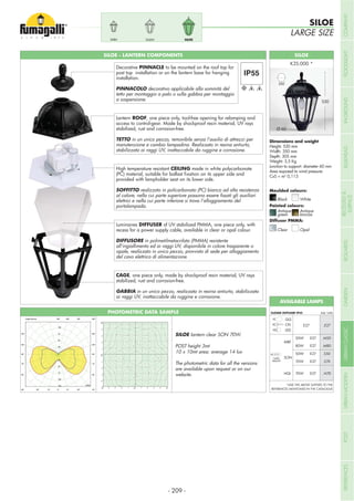 Height: 530 mm
Width: 350 mm
Depth: 305 mm
Weight: 3,5 Kg
Junction to support: diameter 60 mm
Area exposed to wind pressure:
CxS = m2
0,113
SILOE - LANTERN COMPONENTS SILOE
530
Lantern ROOF, one piece only, tool-free opening for relamping and
access to control-gear. Made by shockproof resin material, UV rays
stabilized, rust and corrosion-free.
TETTO in un unico pezzo, removibile senza l’ausilio di attrezzi per
manutenzione e cambio lampadina. Realizzato in resina antiurto,
stabilizzata ai raggi UV, inattaccabile da ruggine e corrosione.
High temperature resistant CEILING made in white polycarbonate
provided with lampholder seat on its lower side.
SOFFITTO realizzato in policarbonato (PC) bianco ad alta resistenza
elettrici e nella cui parte inferiore si trova l’alloggiamento del
portalampada.
Luminaires DIFFUSER of UV stabilized PMMA, one piece only, with
recess for a power supply cable, available in clear or opal colour.
DIFFUSORE in polimetilmetacrilato (PMMA) resistente
all’ingiallimento ed ai raggi UV, disponibile in colore trasparente o
opale, realizzato in unico pezzo, provvisto di sede per alloggiamento
del cavo elettrico di alimentazione.
CAGE, one piece only, made by shockproof resin material, UV rays
stabilized, rust and corrosion-free.
GABBIA in un unico pezzo, realizzata in resina antiurto, stabilizzata
ai raggi UV, inattaccabile da ruggine e corrosione.
Decorative PINNACLE to be mounted on the roof top for
post top installation or on the lantern base for hanging
installation.
PINNACOLO decorativo applicabile alla sommità del
tetto per montaggio a palo o sulla gabbia per montaggio
a sospensione.
350
Ø 60
SILOESALEMSABA
SILOE
LARGE SIZE
PHOTOMETRIC DATA SAMPLE
SILOE lantern clear SON 70W.
POST height 3mt
10 x 10mt area: average 14 lux
The photometric data for all the versions
are available upon request or on our
website.
MBF
*WITH
BALLAST
SON
HQI
50W
80W
E27
E27
.M50
.M80
50W
70W
E27
E27
.S50
.S70
70W E27 .H70
Add. SuffixCLOSED DIFFUSER IP55
GLS
CFL
LED
.E27E27
*ADD THE ABOVE SUFFIXES TO THE
REFERENCES MENTIONED IN THE CATALOGUE
AVAILABLE LAMPS
Moulded colours:
Painted colours:
Diffuser PMMA:
Black White
Antique
green
Clear
Antique
bronze
Opal
- 209 -
COMPANYFLOODLIGHTGARDENURBANCLASSICIN-GROUNDURBANMODERNREFERENCESBULKHEADPOSTBOLLARDSRECESSED&
SURFACE
 