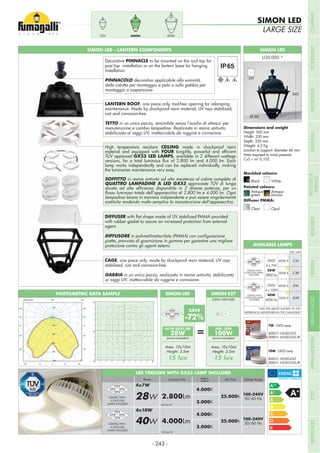 SIMON LEDSIMON LED - LANTERN COMPONENTS
LANTERN ROOF, one piece only, tool-free opening for relamping
maintenance. Made by shockproof resin material, UV rays stabilized,
rust and corrosion-free.
TETTO in un unico pezzo, removibile senza l’ausilio di attrezzi per
manutenzione e cambio lampadina. Realizzato in resina antiurto,
stabilizzata ai raggi UV, inattaccabile da ruggine e corrosione.
DIFFUSER
with rubber gasket to assure an increased protection from external
agent.
DIFFUSORE
piatta, provvisto di guarnizione in gomma per garantire una migliore
protezione contro gli agenti esterni.
CAGE, one piece only, made by shockproof resin material, UV rays
stabilized, rust and corrosion-free.
GABBIA in un unico pezzo, realizzata in resina antiurto, stabilizzata
ai raggi UV, inattaccabile da ruggine e corrosione.
Decorative PINNACLE to be mounted on the roof top for
post top installation or on the lantern base for hanging
installation.
PINNACOLO decorativo applicabile alla sommità
della calotta per montaggio a palo o sulla gabbia per
montaggio a sospensione.
Height: 560 mm
Width: 330 mm
Depth: 330 mm
Weight: 4,3 Kg
Junction to support: diameter 60 mm
Area exposed to wind pressure:
CxS = m2
0,102
Moulded colours:
Painted colours:
Diffuser PMMA:
Black White
Antique
green
Clear
Antique
bronze
Opal
560
330
Ø 60
High temperature resistant CEILING made in shockproof resin
material and equipped with FOUR
TÜV approved GX53 LED LAMPS, available in 2 different wattage
lamp works independently and can be replaced individually, making
the luminaries maintenance very easy.
SOFFITTO in resina antiurto ad alta resistenza al calore completo di
QUATTRO LAMPADINE A LED GX53 approvaste TÜV di lunga
sostituita rendendo molto semplice la manutenzione dell’apparecchio.
PHOTOMETRIC DATA SAMPLE
28W
(power consumption)
Area: 10x10mt
Height: 3.5mt
HQI - SON
100W
(power consumption)
Area: 10x10mt
Height: 3.5mt
SIMON E27SIMON LED
=
(OPEN DIFFUSER)
x
5
5
5
5
10
10
10
10
10
10
10
10 10
10
15
1515
15
15
15
15
15
20
20
20
20
20
20
20
25
25
25
25
25
25
30
30
30
30
30
35
35
35
35
35
35
SIMON LED
LARGE SIZE
PIETROSIMONCEFA
100 lm/W
Voltage RangeLife TimeLuminous FluxPower
100-240V
50/60 Hz
100-240V
50/60 Hz
28W
4x7W
4x10W
40W
2.800Lm
4.000Lm
4.000K
3.000K
4.000K
3.000K
25.000h
25.000h
100 lm/W
CEILING WITH
4 GX53 LED
LAMPS INCLUDED
CEILING WITH
4 GX53 LED
LAMPS INCLUDED
Kelvin
Colour
LED VERSION WITH GX53 LAMP INCLUDED
10W - GX53 Lamp
4000 K: H3.LED.G53
3000 K: H3.LED.G53.3K
7W - GX53 Lamp
4000 K: H2.LED.G53
3000 K: H2.LED.G53.3K
CEILING WITH
4 GX53 LED LAMPS
INCLUDED
GX53
4 x 7W
28W
2800 lm
.C4L
.C4R
GX53
4 x 10W
40W
4000 lm
Add. Suffix
CEILING WITH
4 GX53 LED LAMPS
INCLUDED
4000 K
3000 K
.D4L
.D4R
4000 K
3000 K
*ADD THE ABOVE SUFFIXES TO THE
REFERENCES MENTIONED IN THE CATALOGUE
AVAILABLE LAMPS
SAVE
-72%
- 243 -
COMPANYFLOODLIGHTGARDENURBANCLASSICIN-GROUNDURBANMODERNREFERENCESBULKHEADPOSTBOLLARDSRECESSED&
SURFACE
 