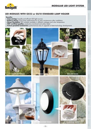 MODULAR LED LIGHT SYSTEM
Cost saving:
Built-in driver: quick lamp replacement for an easy maintenance after installation
LED modules available in different wattages and color temperature
production monitored and safety tested
performances easy to upgrade to latest technology developments
FLOODLIGHT RANGE
URBAN RANGE modern
URBAN RANGE classic
BULKHEAD RANGE
BOLLARD RANGE
IN-GROUND RANGE
LED MODULES WITH GX53 or GU10 STANDARD LAMP HOLDER
- 25 -
COMPANYFLOODLIGHTGARDENURBANCLASSICIN-GROUNDURBANMODERNREFERENCESBULKHEADPOSTBOLLARDSRECESSED&
SURFACE
 