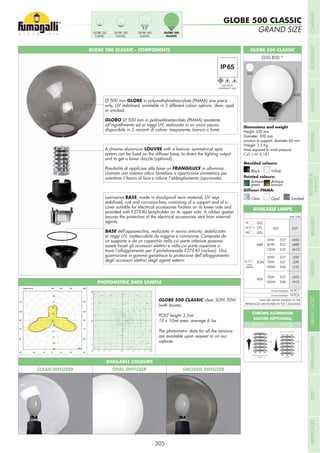 Height: 630 mm
Diameter: 500 mm
Junction to support: diameter 60 mm
Weight: 3,5 Kg
Area exposed to wind pressure:
CxS = m2
0,181
GLOBE 500 CLASSIC - COMPONENTS GLOBE 500 CLASSIC
630
A chrome aluminium LOUVRE with a laminar symmetrical optic
and to get a lower dazzle (optional).
Possibilità di applicare alla base un FRANGILUCE in alluminio
cromato con sistema ottico lamellare a ripartizione simmetrica per
orientare il fascio di luce e ridurre l’abbagliamento (opzionale).
Luminaries BASE, made in shockproof resin material, UV rays
stabilized, rust and corrosion-free, consisting of a support and of a
provided with E27-E40 lampholder on its upper side. A rubber gasket
assures the protection of the electrical accessories seat from external
agents.
BASE
ai raggi UV, inattaccabile da ruggine e corrosione. Composta da
trova l’alloggiamento per il portalampada E27-E40 (incluso). Una
guarnizione in gomma garantisce la protezione dell’alloggiamento
degli accessori elettrici dagli agenti esterni.
Ø 500 mm GLOBE in polymethylmethacrylate (PMMA) one piece
only, UV stabilized, available in 3 different colour options: clear, opal
or smoked.
GLOBO Ø 500 mm in polimetilmetacrilato (PMMA) resistente
all’ingiallimento ed ai raggi UV, realizzato in un unico pezzo,
disponibile in 3 varianti di colore: trasparente, bianco o fumè.
GLOBE 500 CLASSIC
GRAND SIZEGLOBE 250
CLASSIC
GLOBE 300
CLASSIC
GLOBE 400
CLASSIC
GLOBE 500
CLASSIC
PHOTOMETRIC DATA SAMPLE
GLOBE 500 CLASSIC clear SON 70W
(with louvre).
POST height 3,5mt
10 x 10mt area: average 6 lux
The photometric data for all the versions
are available upon request or on our
website.
Ø 60
500
1.00
2.00
3.00
3.00
4.00
4.00
5.00
5.00
5.00
5.00
5.00
6.00
6.00
6.00
6.00
6.00
6.00
6.00
6.00
6.00
6.00
6.00
6.00
7.00
7.00
7.00
7.00
7.00
7.00
7.00
7.00
7.00
7.00
7.00
7.00
7.00
7.00
7.00 7.00
7.00
MBF
WITH
BALLAST
SON
HQI
50W
80W
125W
E27
E27
E27
.M50
.M80
.M12
50W
70W
100W
E27
E27
E40
.S50
.S70
.S10
70W
100W
E27
E40
.H70
.H10
GLS
CFL
LED
.E27E27
Add. Suffix
*ADD THE ABOVE SUFFIXES TO THE
REFERENCES MENTIONED IN THE CATALOGUE
chrome breaklight H.FC1
chrome breaklight H.FC6
AVAILABLE LAMPS
CHROME ALUMINIUM
LOUVRE (OPTIONAL)
H.FC1 H.FC6
Ø 90
220
Ø 90
220
AVAILABLE COLOURS
CLEAR DIFFUSER OPAL DIFFUSER SMOKED DIFFUSER
ELECTRICAL
Smoked
Moulded colours:
Painted colours:
Diffuser PMMA:
Black White
Antique
green
Clear
Antique
bronze
Opal
- 305 -
COMPANYFLOODLIGHTGARDENURBANCLASSICIN-GROUNDURBANMODERNREFERENCESBULKHEADPOSTBOLLARDSRECESSED&
SURFACE
 