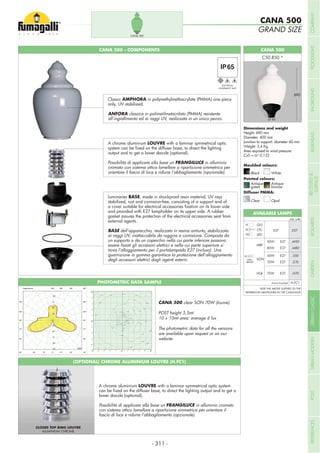 Height: 690 mm
Diameter: 400 mm
Junction to support: diameter 60 mm
Weight: 3,4 Kg
Area exposed to wind pressure:
CxS = m2
0,122
CANA 500 - COMPONENTS CANA 500
690
A chrome aluminium LOUVRE with a laminar symmetrical optic
output and to get a lower dazzle (optional).
Possibilità di applicare alla base un FRANGILUCE in alluminio
cromato con sistema ottico lamellare a ripartizione simmetrica per
orientare il fascio di luce e ridurre l’abbagliamento (opzionale).
Luminaries BASE, made in shockproof resin material, UV rays
stabilized, rust and corrosion-free, consisting of a support and of
and provided with E27 lampholder on its upper side. A rubber
gasket assures the protection of the electrical accessories seat from
external agents.
BASE
ai raggi UV, inattaccabile da ruggine e corrosione. Composta da
trova l’alloggiamento per il portalampada E27 (incluso). Una
guarnizione in gomma garantisce la protezione dell’alloggiamento
degli accessori elettrici dagli agenti esterni.
Classic AMPHORA in polymethylmethacrylate (PMMA) one piece
only, UV stabilized.
ANFORA classica in polimetilmetacrilato (PMMA) resistente
all’ingiallimento ed ai raggi UV, realizzata in un unico pezzo.
GRAND SIZE
CANA 500
CANA 500
CLOSED TOP RING LOUVRE
ALUMINIUM CHROME
PHOTOMETRIC DATA SAMPLE
CANA 500 clear SON 70W (louvre).
POST height 3,5mt
10 x 10mt area: average 6 lux
The photometric data for all the versions
are available upon request or on our
website.
MBF
WITH
BALLAST
SON
HQI
50W
80W
E27
E27
.M50
.M80
50W
70W
E27
E27
.S50
.S70
70W E27 .H70
Add. Suffix
chrome breaklight H.FC1
GLS
CFL
LED
.E27E27
*ADD THE ABOVE SUFFIXES TO THE
REFERENCES MENTIONED IN THE CATALOGUE
AVAILABLE LAMPS
A chrome aluminium LOUVRE with a laminar symmetrical optic system
lower dazzle (optional).
Possibilità di applicare alla base un FRANGILUCE in alluminio cromato
con sistema ottico lamellare a ripartizione simmetrica per orientare il
fascio di luce e ridurre l’abbagliamento (opzionale).
Ø 60
1.00
2.00
3.00
3.00
4.00
4.00
5.00
5.00
5.00
5.00
5.00
6.00
6.00
6.00
6.00
6.00
6.00
6.00
6.00
6.00
6.00
6.00
6.00
7.00
7.00
7.00
7.00
7.00
7.00
7.00
7.00
7.00
7.00
7.00
7.00
7.00
7.00
7.00 7.00
7.00
ELECTRICAL
Moulded colours:
Painted colours:
Diffuser PMMA:
Black White
Antique
green
Clear
Antique
bronze
Opal
- 311 -
COMPANYFLOODLIGHTGARDENURBANCLASSICIN-GROUNDURBANMODERNREFERENCESBULKHEADPOSTBOLLARDSRECESSED&
SURFACE
 