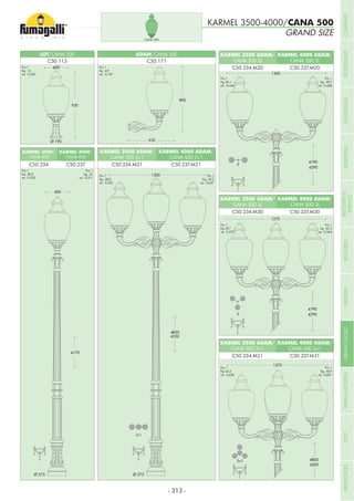 8
3
7
GRAND SIZE
KARMEL 3500-4000/CANA 500
KARMEL 3500/
CANA 500
KARMEL 4000/
CANA 500
KARMEL 3500 ADAM/
CANA 500 2+1
KARMEL 4000 ADAM/
CANA 500 2+1
C50.234 C50.237 C50.234.M21 C50.237.M21
KARMEL 3500 ADAM/
CANA 500 2L
KARMEL 4000 ADAM/
CANA 500 2L
KARMEL 3500 ADAM/
CANA 500 3L
KARMEL 4000 ADAM/
CANA 500 3L
KARMEL 3500 ADAM/
CANA 500 3+1
KARMEL 4000 ADAM/
CANA 500 3+1
C50.234.M20 C50.237.M20
C50.234.M30 C50.237.M30
C50.234.M31 C50.237.M31
Pcs 1
Kg 28,5
mc 0,320
Pcs 1
Kg 39,7
mc 0,579
Pcs 1
Kg 43,4
mc 0,638
ADAM/CANA 500LOT/CANA 500
C50.171C50.113
Pcs 1
Kg 16
mc 0,200
7
8
3
Pcs 1
Kg 4,9
mc 0,187
Pcs 1
Kg 35,1
mc 0,446
Pcs 1
Kg 38,8
mc 0,522
CANA 500
Pcs 1
Kg 42,3
mc 0,647
Pcs 1
Kg 32
mc 0,371
Pcs 1
Kg 43,2
mc 0,584
Pcs 1
Kg 38,7
mc 0,468
Pcs 1
Kg 46,9
mc 0,681
- 313 -
COMPANYFLOODLIGHTGARDENURBANCLASSICIN-GROUNDURBANMODERNREFERENCESBULKHEADPOSTBOLLARDSRECESSED&
SURFACE
 