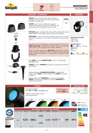 - 31 -
FLOODLIGHT
MINITOMMY
Height:127 mm
Width: 122 mm
Weight: 0,45 Kg
MINITOMMY - COMPONENTS MINITOMMY
127
Grey White
Moulded Colours:
Diffuser PC:
Black
Frosted
Blue Green Orange
TOMMYMINITOMMY
LED .U1L
.U1R
LAMP
INCLUDED
GU10
4,5W
300 lm
4000 K
3000 K
Add. Suffix
AVAILABLE LAMPS
Life Time
(hours)
Kelvin
Colour
100-240V
50/60 Hz4,5W 300Lm 25.000h = 35W -89%HALOGEN
4.000K
3.000K
Voltage RangeLuminous FluxPower SAVE
GX53 70 lm/W
LED VERSION WITH GU10 LAMP INCLUDED
DIFFUSER made in shockproof resin material (PC) complete with silicone
rubber GASKET to ensure high protection against external agents.
DIFFUSORE in resina antiurto (PC) completo di guarnizione in gomma
siliconica per garantire un alto livello di protezione contro gli agenti
esterni.
replacement for a very simple maintenance after installation.
Forniti con inclusa lampadina a LED GU10 approvata TÜV di lunga
facile e veloce per permettere una semplicissima manutenzione dopo
l’installazione.
Additional elements: CONNECTION FITTING for double lights
version, rotation DISK for surface installation and SPIKE for in ground
installation.
Elementi addizionali: SUPPORTO per la versione a luce doppia,
DISCO di rotazione per l’istallazione a parete e PICCHETTO per
l’istallazione nel terreno.
Resin BODY and resin SUPPORT FORK to allow a fully adjustable
CORPO in resina e FORCELLA
del proiettore.
COVER made in shockproof resin material, UV rays
stabilized, rust and corrosion free. Ring or eyelid versions
available. No visible screws.
COVER in resina antiurto stabilizzata ai raggi UV
inattaccabile da ruggine e corrosione. Disponibile nella
versione ad anello o a palpebra. Senza viti a vista.
Frosted (X) Green (N) Orange (R) Blue (U)
Resin body available in
black (A) white (W) and grey (L) colours.
Frosted or colored diffuser to get a
customized ambiance:
Code example:
1M1.000.AU U1L
COLOURS
4,5W - GU10 Lamp
4000 K: H.LED.GU10
3000 K: H.LED.GU10.3K
Connection
Spike
Rotation
disk
COMPANYFLOODLIGHTGARDENURBANCLASSICIN-GROUNDURBANMODERNREFERENCESBULKHEADPOSTBOLLARDSRECESSED&
SURFACE
 