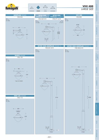 - 331 -
LARGE SIZE
VIVI 400
NEW LOT/VIVI400
MIDIPILAR/VIVI400
MARIO/VIVI400
V50.115
V50.254
V50.129
Pcs 1
Kg 4,5
mc 0,071
Pcs 1
Kg 5,5
mc 0,092
Pcs 1
Kg 4,5
mc 0,07
480
420
Pcs 1
Kg 38,7
mc 0,284
Pcs 1
Kg 3,7
mc 0,09Pcs 1
Kg 41,7
mc 0,314
Pcs 1
Kg 25,7
mc 0,235
Pcs 1
Kg 35,7
mc 0,262
EKTOR 2500 MIDIPILAR/VIVI400 1L
EKTOR 3500
MIDIPILAR/VIVI400 1L
EKTOR 4000
MIDIPILAR/VIVI400 1L
EKTOR 3000 MIDIPILAR/VIVI400 1L
V50.361.A10
V50.367.A10 V50.371.A10
V50.364.A10
2755
745
3255
3755
745
3255
2755
745
VIVI 400
V50.000
Ø 60
4255
3755
3255
VIVI500VIVI400ECOVIVI400 ECOVIVI500
Ø 265 Ø 265
COMPANYFLOODLIGHTGARDENURBANCLASSICIN-GROUNDURBANMODERNREFERENCESBULKHEADPOSTBOLLARDSRECESSED&
SURFACE
 