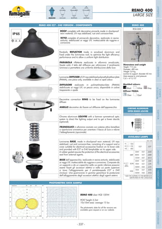 - 337 -
LARGE SIZE
REMO 400
REMO 400
715
Height: 715 mm
Diameter: 480 mm
Weight: 5,9 Kg
Junction to support: diameter 60 mm
Area expose to wind pressure:
CxS = m2
0,157
Grey
Moulded colours:
Diffuser PMMA:
Black White
Clear Opal
REMO 400 E27 - E40 VERSION - COMPONENTS
Luminaries BASE, made in shockproof resin material, UV rays
stabilized, rust and corrosion-free, consisting of a support and a
and provided with E27 or E40 lampholder on its upper side.
A rubber gasket assures the protection of the electrical accessories
seat from external agents.
BASE dell’apparecchio, realizzata in resina antiurto, stabilizzata
ai raggi UV, inattaccabile da ruggine e corrosione. Composta da
un supporto e da un coperchio nella cui parte inferiore possono
si trova l’alloggiamento per il portalampada E27 o E40
(incluso). Una guarnizione in gomma garantisce la protezione
dell’alloggiamento degli accessori elettrici dagli agenti esterni.
LuminariesDIFFUSERofUVraysstabilizedpolymethylmethacrylate
(PMMA), one piece only, available in clear or opal colour.
DIFFUSORE realizzato in polimetilmetacrilato (PMMA)
stabilizzato ai raggi UV, un pezzo unico, disponibile in colore
trasparente o opale.
Parabolic REFLECTOR made in anodized aluminium and
performance and to allow a uniform light distribution.
PARABOLA
luminoso e permettere una uniforme distribuzione della luce.
Decorative connection RING
diffuser.
ANELLO
Chrome aluminium LOUVRE with a laminar symmetrical optic
system to direct the lighting output and to get a lower dazzle
(optional).
FRANGILUCE in alluminio cromato con sistema ottico lamellare
a ripartizione simmetrica per orientare il fascio di luce e ridurre
l’abbagliamento (opzionale).
REMO500 GINO500GINO400REMO400
MBF
WITH
BALLAST
SON
HQI
50W
80W
125W
E27
E27
E27
.M50
.M80
.M12
50W
70W
100W
E27
E27
E40
.S50
.S70
.S10
70W
100W
E27
E40
.H70
.H10
GLS
CFL
LED
.E27E27
*ADD THE SUFFIXES TO THE REFERENCES
MENTIONED IN THE CATALOGUE
Add. Suffix
AVAILABLE LAMPS
PHOTOMETRIC DATA SAMPLE
REMO 400
POST height 3,5mt
10x10mt area: average 15 lux
The photometric data for all the versions are
available upon request or on our website.
7
7
10
10
10
10
10
10
10
10
10
1010
10
13
13
13
13
13
13
13
13
13
13
16
16
16
16
16
16
16
16
16
19
19
19
19
19
19
19
22
22
22
22
2222
25
25
25
25
480
Ø 60
CHROME ALUMINIUM
OPEN RINGS LOUVRE
H.FC6
Ø 90
220
ROOF complete with decorative pinnacle made in shockproof
resin material, UV rays stabilized, rust and corrosion-free.
TETTO completo di pinnacolo decorativo, realizzato in resina
antiurto, stabilizzato ai raggi UV, inattaccabile da ruggine e
corrosione.
COMPANYFLOODLIGHTGARDENURBANCLASSICIN-GROUNDURBANMODERNREFERENCESBULKHEADPOSTBOLLARDSRECESSED&
SURFACE
 